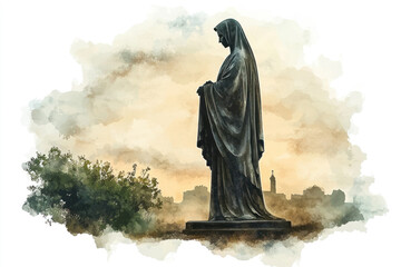 Brown watercolor of Grace virgin Mary statue, religious design art