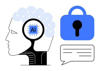 AI embedded in human brain, security padlock, and communication speech bubble. Ideal for technology, artificial intelligence, data security, cognitive science, machine learning. Minimalist vector