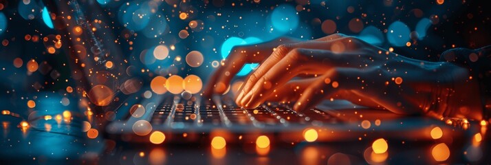 Woman Typing on Laptop Keyboard, Business and Technology Concept in Office with Copy Space for Web Banner, Professional Female Working Online