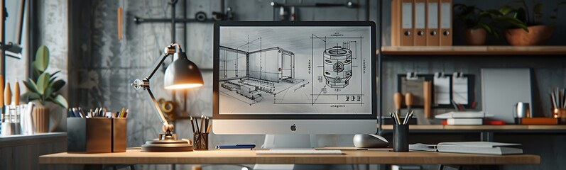 Aufkleber - A modern workspace featuring a computer, desk lamp, and organized shelves, exuding a creative and productive atmosphere.