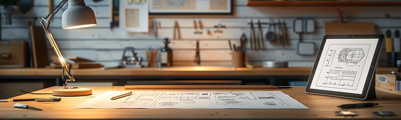 Aufkleber - A well-lit workspace with a wooden table, tools, and design sheets, ideal for creative projects and artistic endeavors.