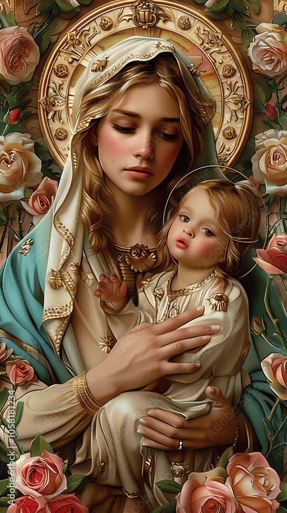 Stock-Foto „Divine Mother Mary with Baby Jesus in Floral Surroundings, Baroque Style, Pastel ...