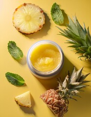 Wall Mural - A jar of pineapple and mint face scrub on a yellow background with pineapple slices and leaves.