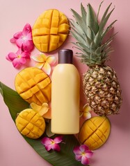 Wall Mural - Tropical fruit and floral arrangement with a bottle of lotion.