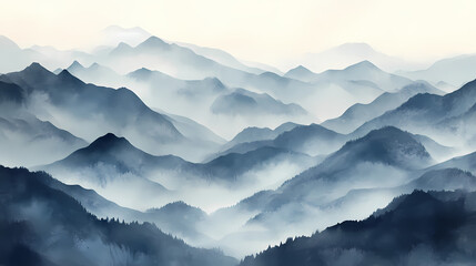 extreme close-up tranquil horizon misty mountains bathed in soft light. foggy mountains. illustratio