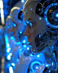 Wall Mural - a close-up of a robot's head with glowing blue lights. ai.