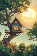 Wall Mural - A cozy treehouse with a warm glow in the window. AI.