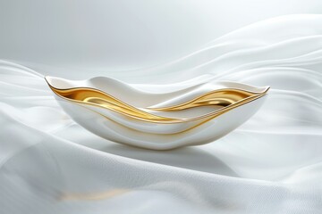 Sticker - A white bowl with a gold rim sits on a white fabric. AI.