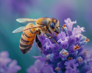 Sticker - A bee collects nectar from a purple flower. AI.