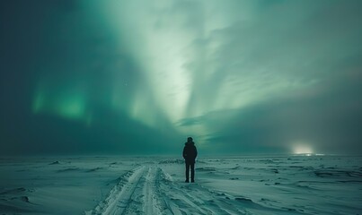 Canvas Print - A lone figure stands on a snowy plain, mesmerized by the vibrant green aurora borealis dancing above. AI.