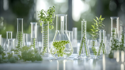 Biology laboratory nature and science, plant and environmental study, DNA, gene therapy, and plants with biochemistry structures on white background