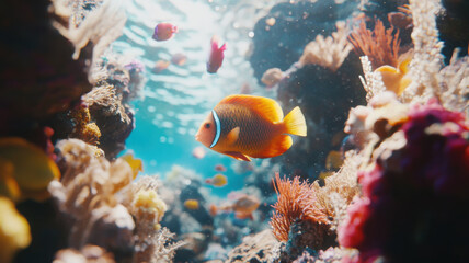 Colorful tropical fish swimming among vibrant coral reefs in clear water, creating lively underwater scene filled with marine life and natural beauty