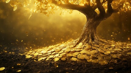 A golden tree with roots made of gold coins, symbolizing