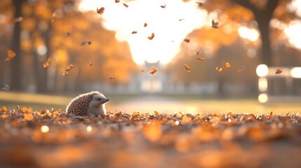 Wall Mural - A small hedgehog sits in a bed of fallen leaves as the sun sets and more leaves fall around it.