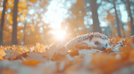 Wall Mural - A small hedgehog basking in the warm autumn sun, surrounded by fallen leaves.