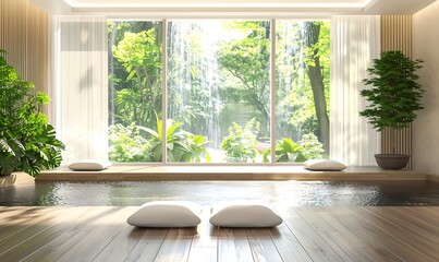 Poster - A serene spa-like space with natural light, indoor plants, and a tranquil view of a lush garden through large windows.