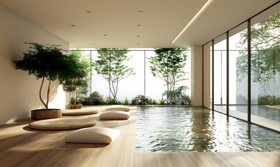 Poster - A serene interior space featuring a tranquil pool, natural light, and greenery, creating a peaceful atmosphere for relaxation.