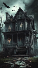 A creepy house with bats flying around it. The house is dark and spooky, with a creepy atmosphere