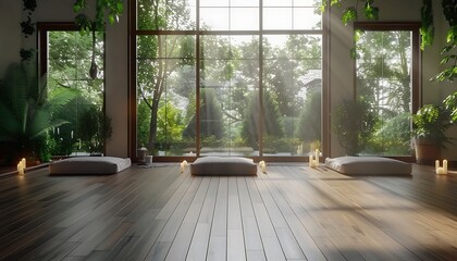 Poster - A serene wellness space featuring natural light, greenery, and comfortable seating, perfect for relaxation and meditation.