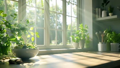 Poster - A serene kitchen scene featuring sunlight streaming through a window, illuminating various herbs and plants on a wooden countertop.