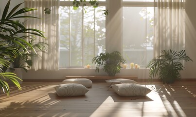 Poster - A serene, sunlit space featuring pillows and lush plants, designed for relaxation and mindfulness with natural light filtering through sheer curtains.
