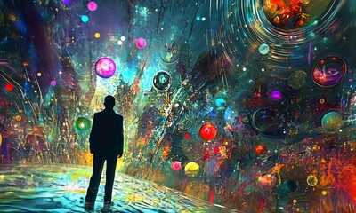 Wall Mural - a man standing in a cosmic landscape