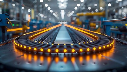 Leinwandbilder - A close-up of a conveyor belt system with illuminated edges, showcasing the industrial environment of a manufacturing facility.