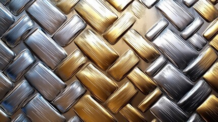 3D metallic background in silver and gold, diamond plate texture with chrome accents, brushed metal surface with subtle reflections and modern industrial style