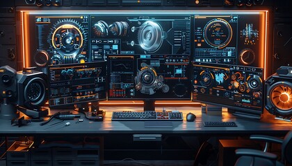 Poster - A futuristic gaming setup featuring multiple high-tech monitors with vibrant displays and complex interface designs.