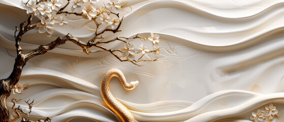 A decorative wall featuring an elegant snake entwined around blossoming branches against flowing textures