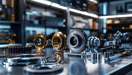 Fototapete - A collection of precision mechanical parts displayed on a workbench, showcasing intricate designs and engineering craftsmanship in a well-lit workshop environment.
