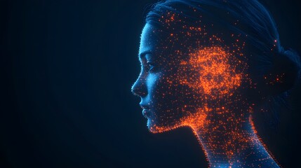 human brain as glowing circuitry inside a woman's profile, fusing human cognition with digital advan