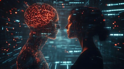 Human profiles with illuminated brain pathways, connected by holographic technology symbols, futuristic grid background, glowing lines, Digital Art, Cyberpunk