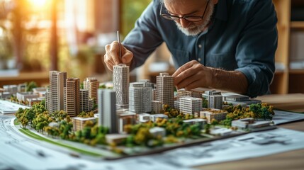 Architect Detailing City Model for Urban Project. Architect meticulously detailing a city model for an urban development project, showcasing expertise in planning and architectural innovation.