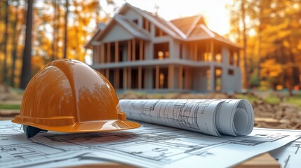 Construction Helmet and Blueprints at Home Site. Close-up of an orange construction helmet and rolled blueprints on a table, with a house under construction in the background.