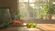 © AhmadTriwahyuutomo - A sunlit kitchen scene featuring fresh vegetables and fruits on a wooden countertop, surrounded by vibrant plants and a bright window.