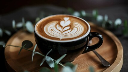 Artistic Latte with Heart Design and Eucalyptus