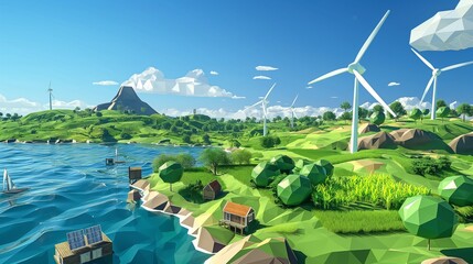 Low poly world for casual game design floating island featuring a 3D farm with homes and green energy windmills