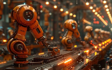 Aufkleber - A futuristic assembly line showcasing robotic arms working collaboratively in a high-tech manufacturing environment.
