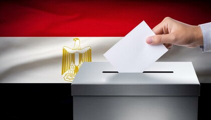 エジプトの国旗の背景と投票箱と投票する手。選挙。(Egypt flag background and ballot box and hand voting. election.)
