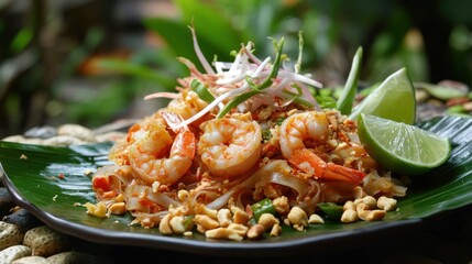 A traditional Pad Thai dish with shrimp, peanuts, and lime,