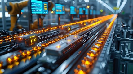Leinwandbilder - A high-tech manufacturing scene featuring illuminated conveyor belts transporting goods, with robotic arms in a futuristic factory setting.