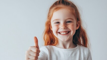 Smiling Little Girl with Red Hair and Freckles Giving Thumbs Up