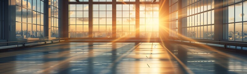 Poster - A bright sunrise illuminates a spacious, modern room with large windows, creating a serene atmosphere and showcasing an urban skyline.