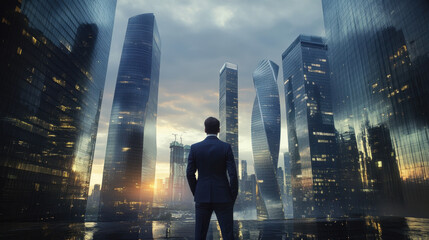 determined business leader stands confidently in powerful scene, gazing at futuristic skyline of towering skyscrapers. atmosphere is filled with ambition and potential