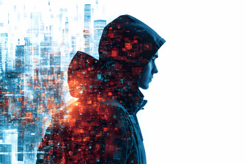 Wall Mural - Abstract Illustration - Cityscape Hacker in Hoodie Profile