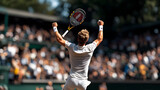 A tennis player leaps into the air racket in hand celebrating a stunning victory amidst a crowded stadium
