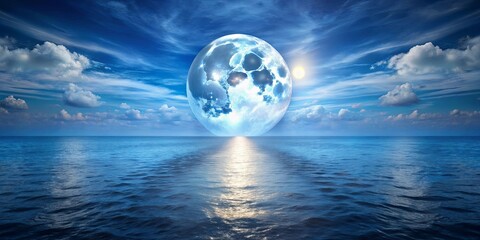 A celestial sphere illuminates the vast ocean, casting a shimmering glow on the tranquil waters, surrounded by fluffy clouds and a blue sky.