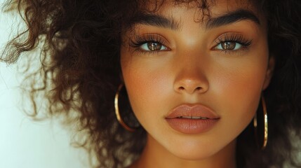 A charming portrait of a beautiful Dominican woman with fluffy dark brown curly hair, thick eyelashes, and natural makeup, wearing gold hoop earrings