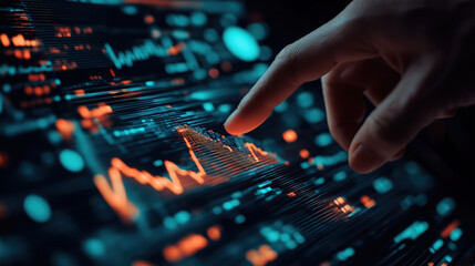 Business chart glowing on a virtual screen with hand indicating stock market trading changes